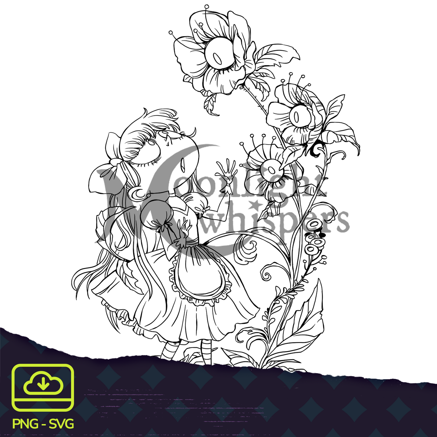 Alice and the Flowers - Digital Stamp - PNG & SVG