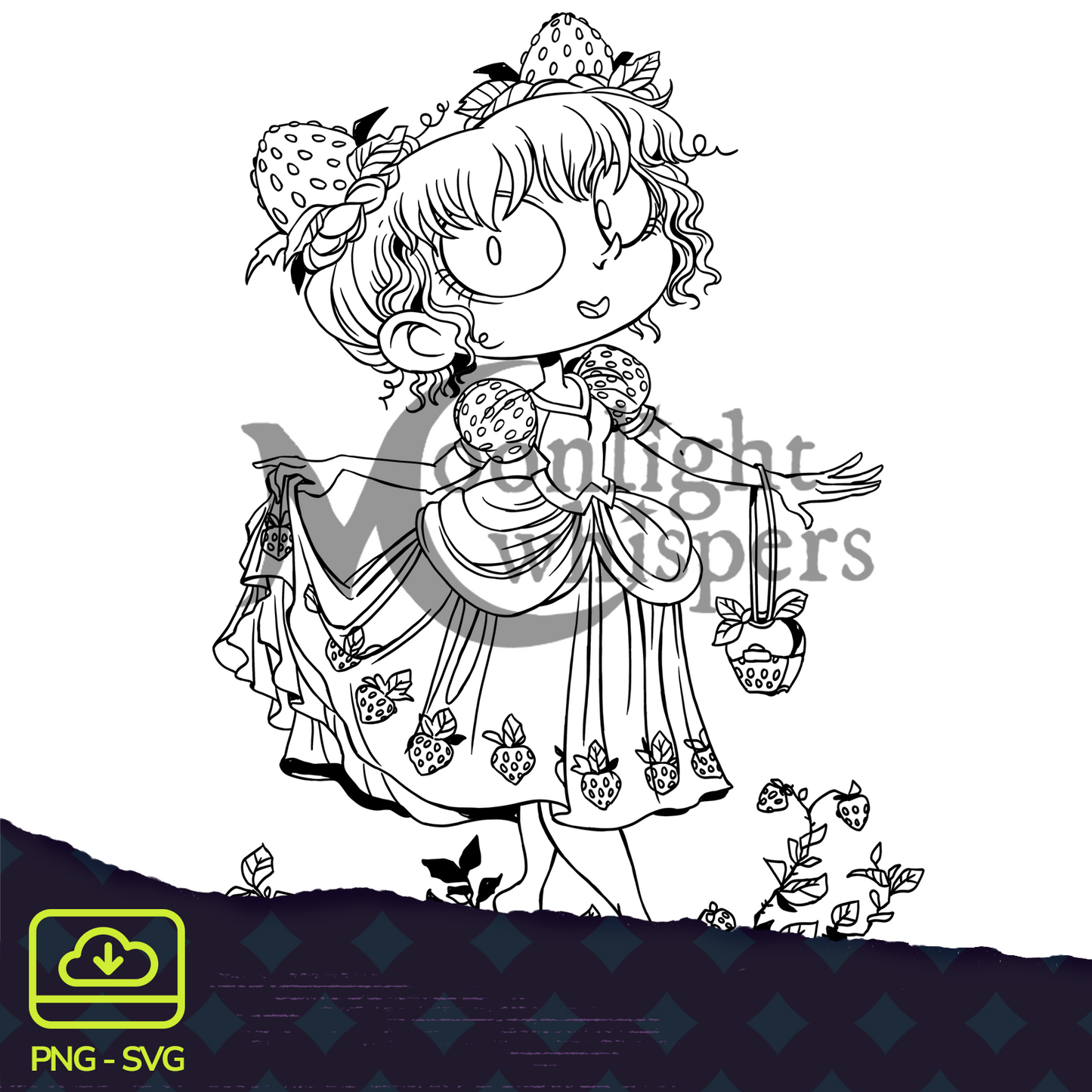 Image of a cute little girl walking merrily in a field of strawberries. She's holding a small purse and wearing a fluffy dress decorated with strawberries.