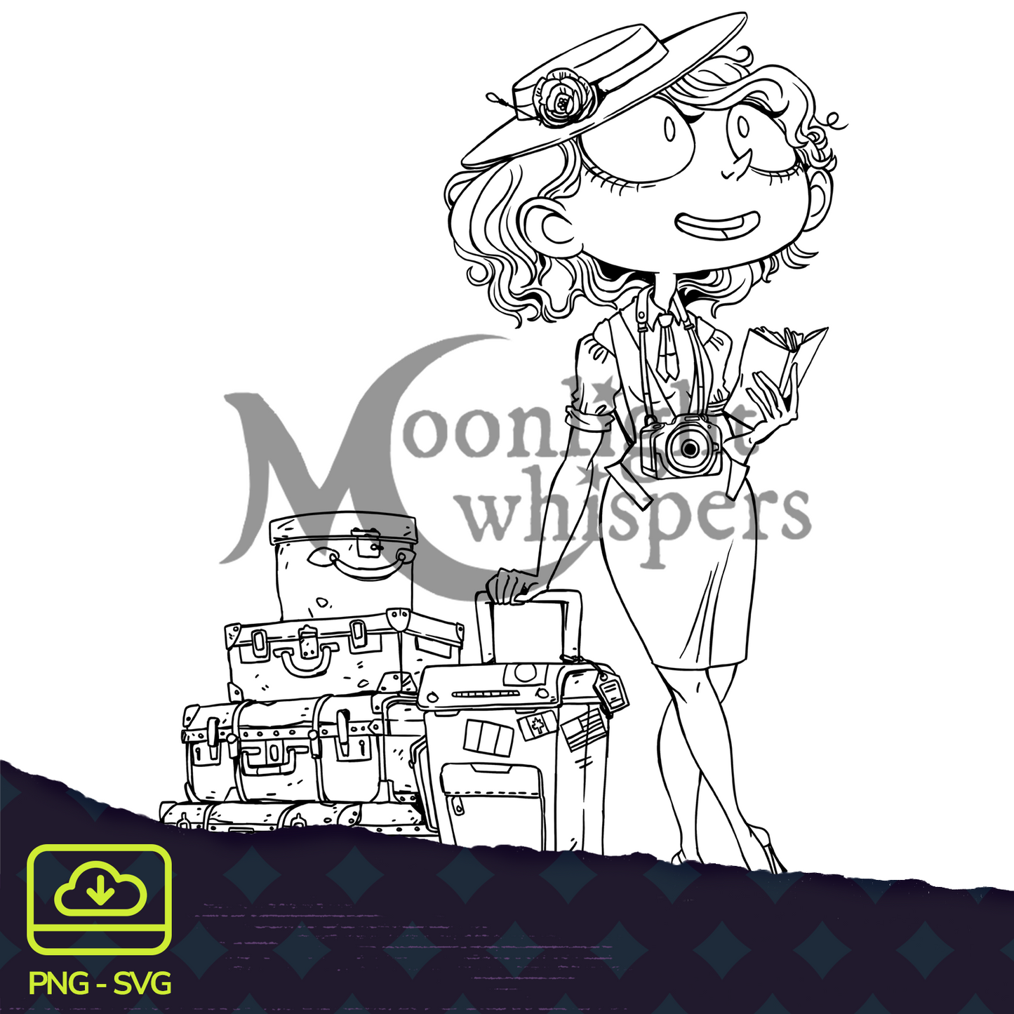 Image of a traveling lady holding a travel guide and looking up towards a new discovery. She's wearing a hat, pinafore dressed and stripped shirt. With her, a lot of luggage too!