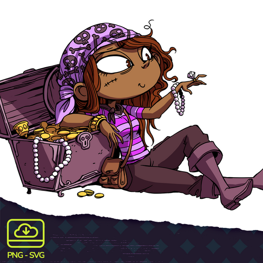 Colored image of the digital stamp of Treasure Piratess, a cute lady enjoying some glittering treasures and diamonds.