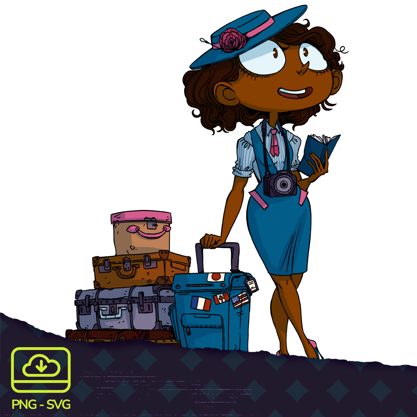 Image of a traveling lady holding a travel guide and looking up towards a new discovery. She's wearing a hat, pinafore dressed and stripped shirt. With her, a lot of luggage too!