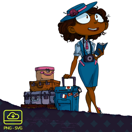 Image of a traveling lady holding a travel guide and looking up towards a new discovery. She's wearing a hat, pinafore dressed and stripped shirt. With her, a lot of luggage too!